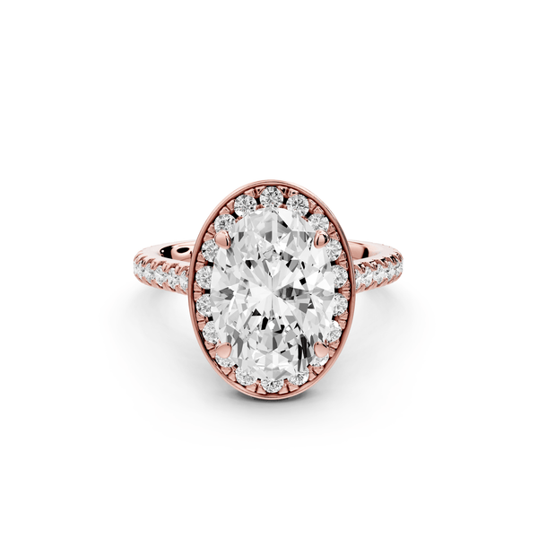 Beatrice - 3ct 14k rose gold oval stone in rollover halo with diamond bridge and pavé engagement ring - Mr. Alex Jewelry