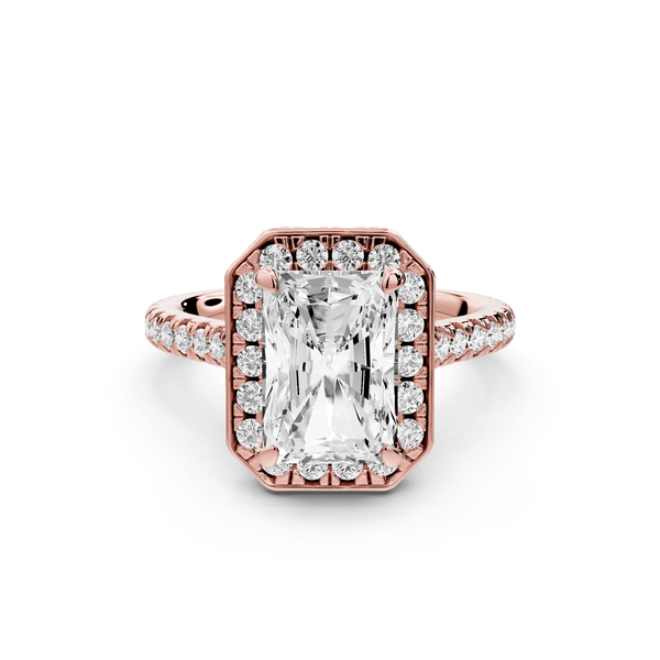 Beatrice - 3ct 14k rose gold radiant stone in rollover halo with diamond bridge and pavé engagement ring - Mr. Alex Jewelry