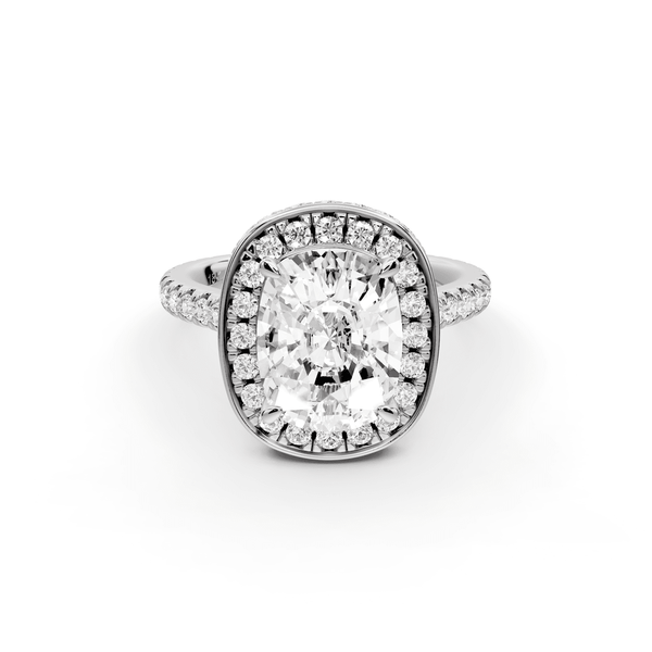 Beatrice - 3ct 14k white gold ecushion stone in rollover halo with diamond bridge and pavé engagement ring - Mr. Alex Jewelry