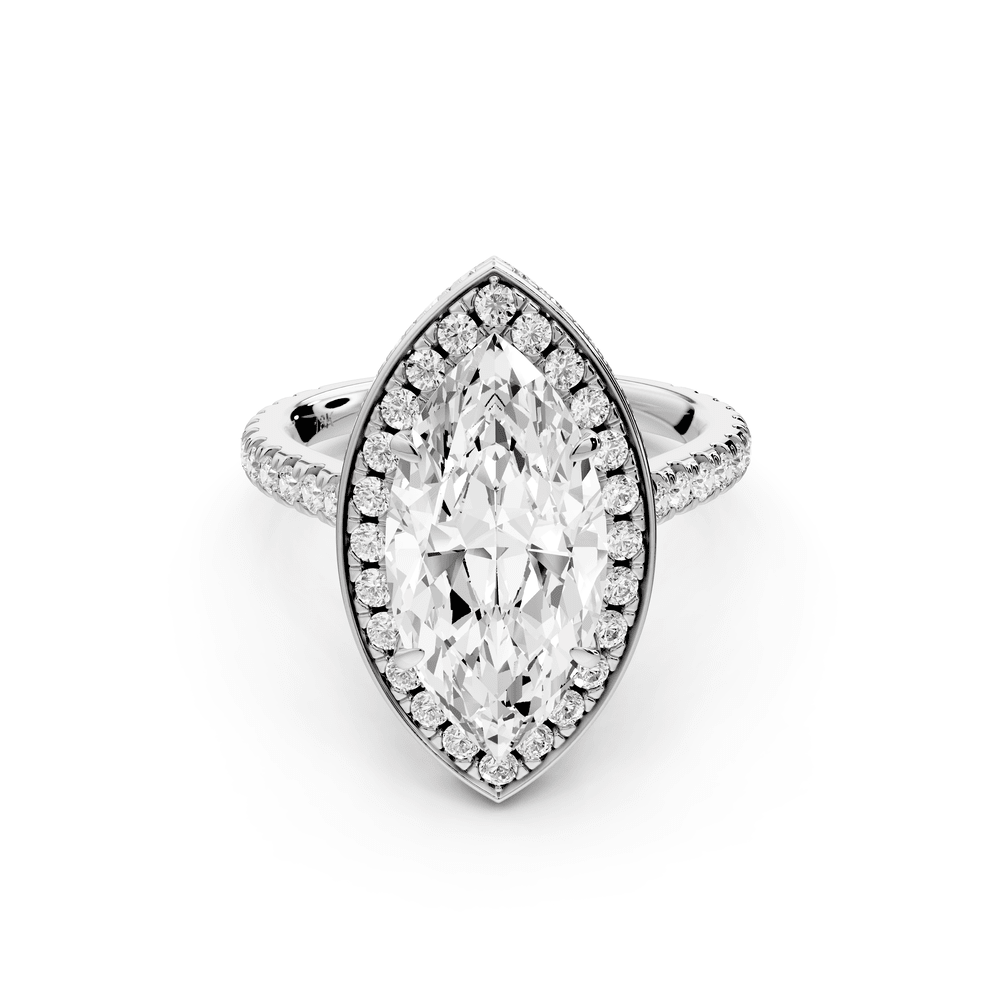 Beatrice - 3ct 14k white gold marquise stone in rollover halo with diamond bridge and pavé engagement ring - Mr. Alex Jewelry