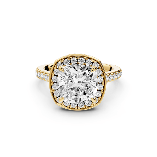 Beatrice - 3ct 14k yellow gold cushion stone in rollover halo with diamond bridge and pavé engagement ring - Mr. Alex Jewelry