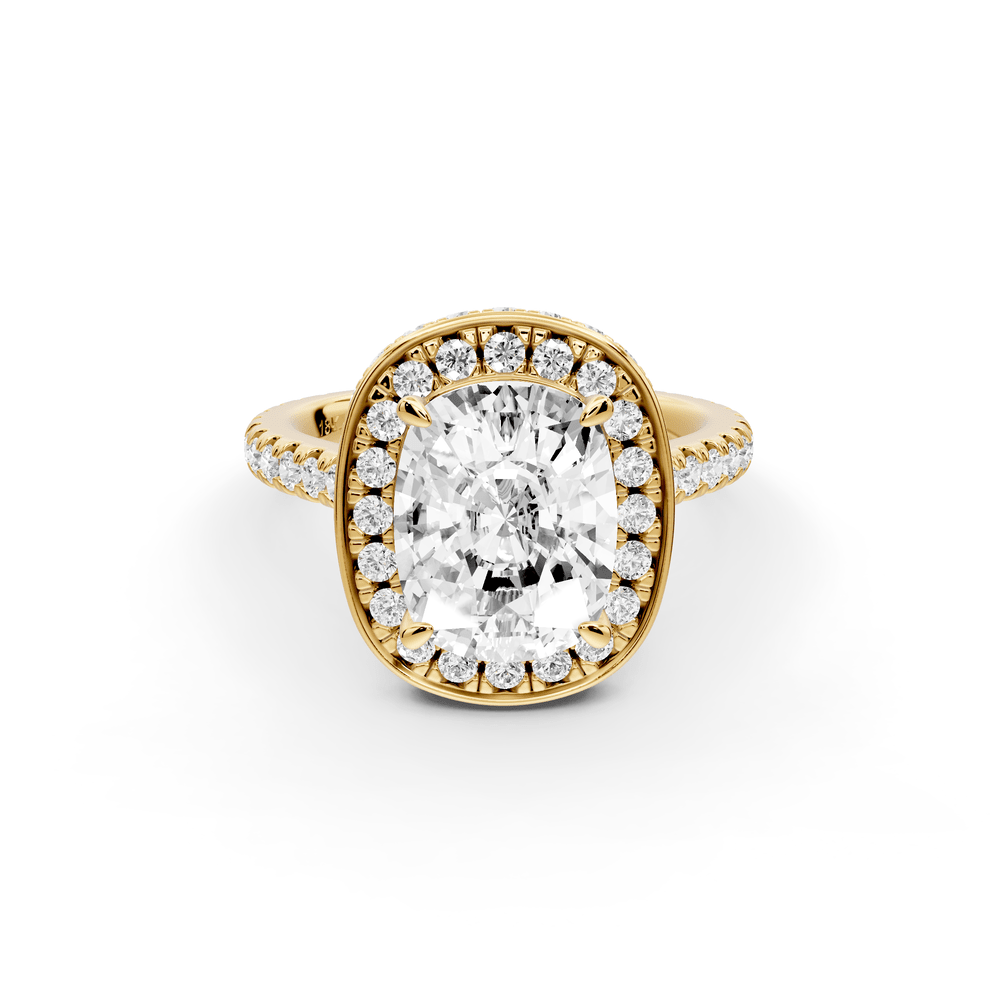 Beatrice - 3ct 14k yellow gold ecushion stone in rollover halo with diamond bridge and pavé engagement ring - Mr. Alex Jewelry