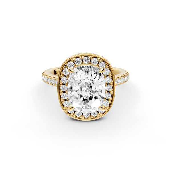 Beatrice - 3ct 14k yellow gold ecushion stone in rollover halo with diamond bridge and pavé engagement ring - Mr. Alex Jewelry
