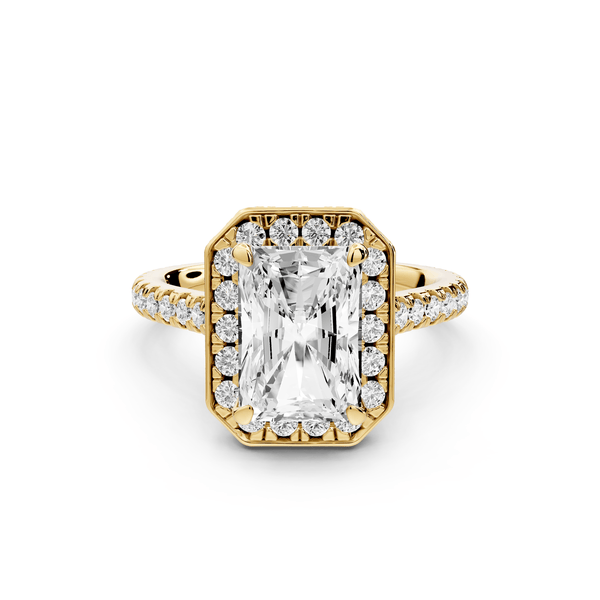 Beatrice - 3ct 14k yellow gold radiant stone in rollover halo with diamond bridge and pavé engagement ring - Mr. Alex Jewelry