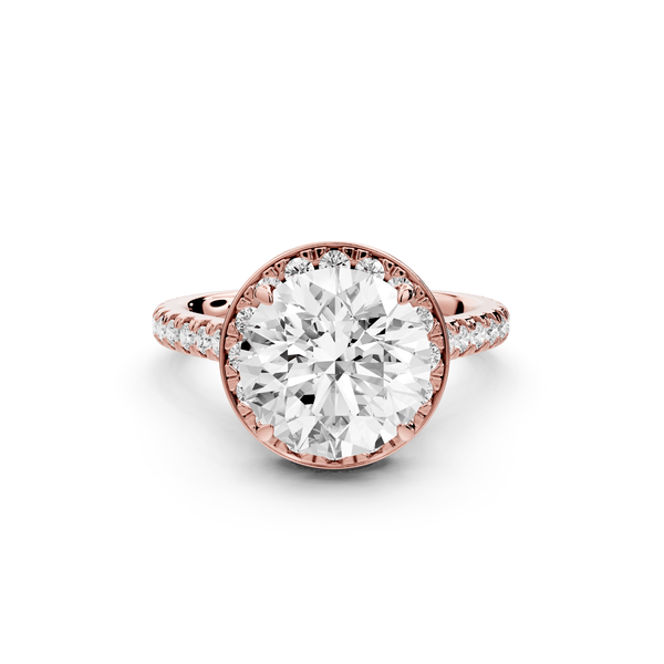 Beatrice - 3ct 18k rose gold round stone in rollover halo with diamond bridge and pavé engagement ring - Mr. Alex Jewelry