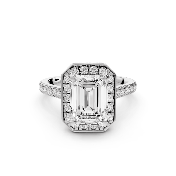 Beatrice - 3ct 18k white gold emerald stone in rollover halo with diamond bridge and pavé engagement ring - Mr. Alex Jewelry