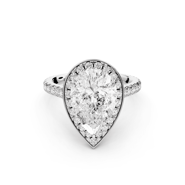 Beatrice - 3ct 18k white gold pear stone in rollover halo with diamond bridge and pavé engagement ring - Mr. Alex Jewelry