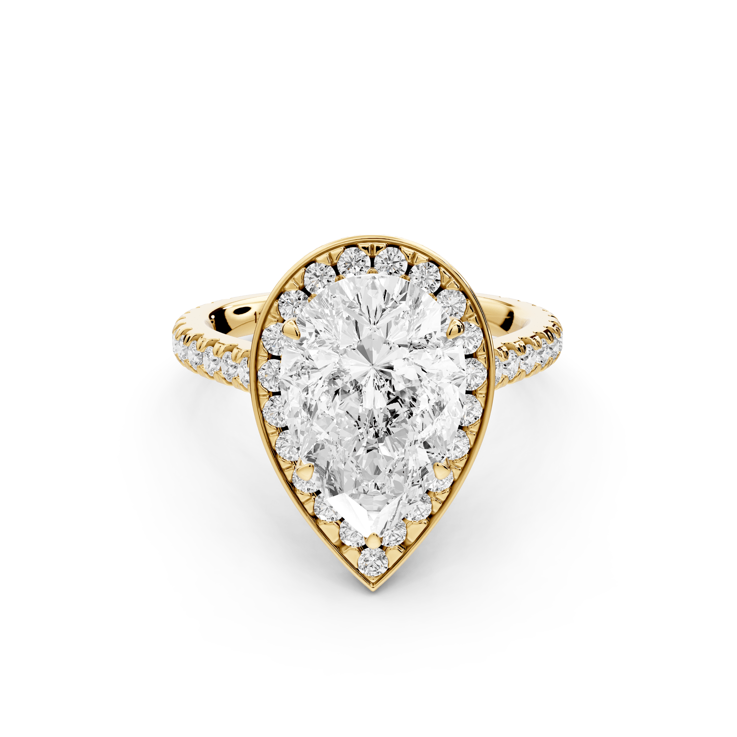 Beatrice - 3ct 18k yellow gold pear stone in rollover halo with diamond bridge and pavé engagement ring - Mr. Alex Jewelry