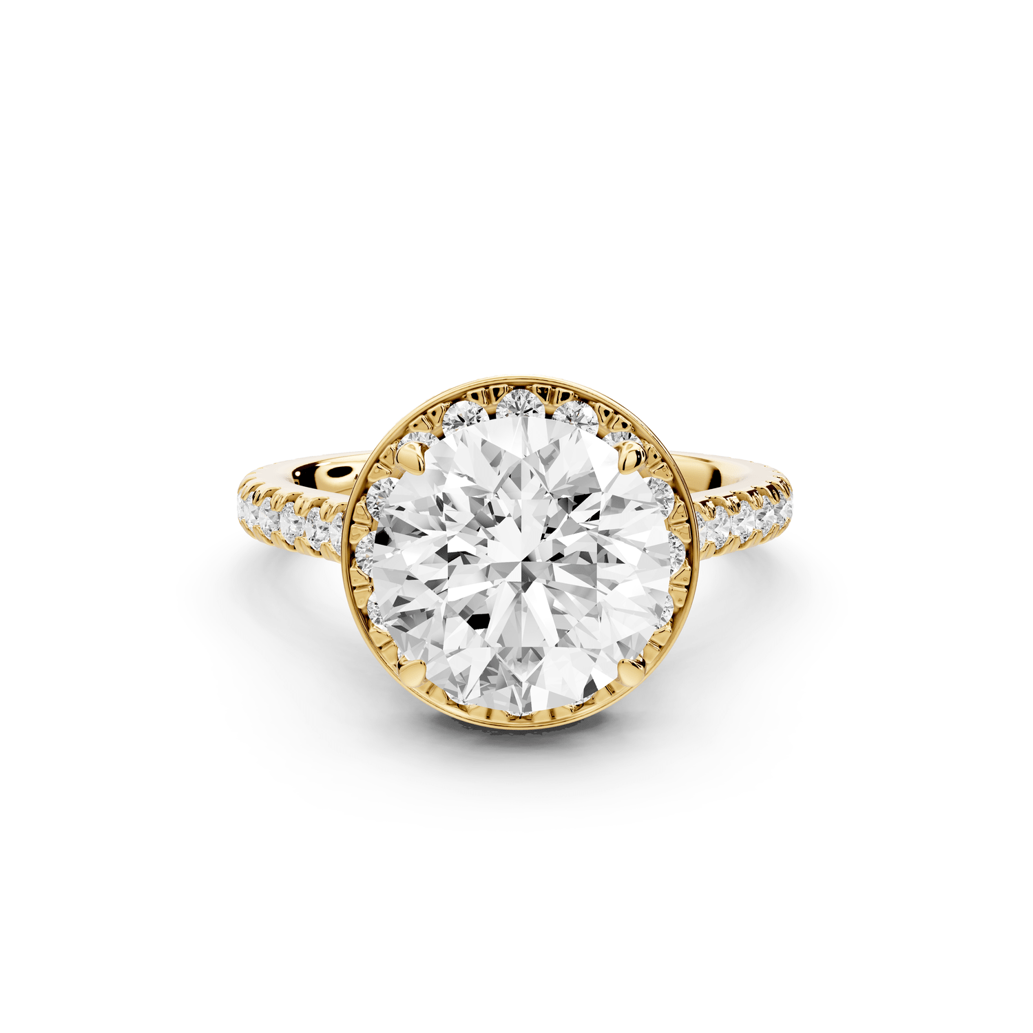 Beatrice - 3ct 18k yellow gold round stone in rollover halo with diamond bridge and pavé engagement ring - Mr. Alex Jewelry