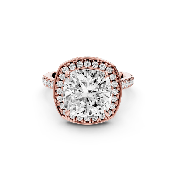 Beatrice - 4ct 14k rose gold cushion stone in rollover halo with diamond bridge and pavé engagement ring - Mr. Alex Jewelry
