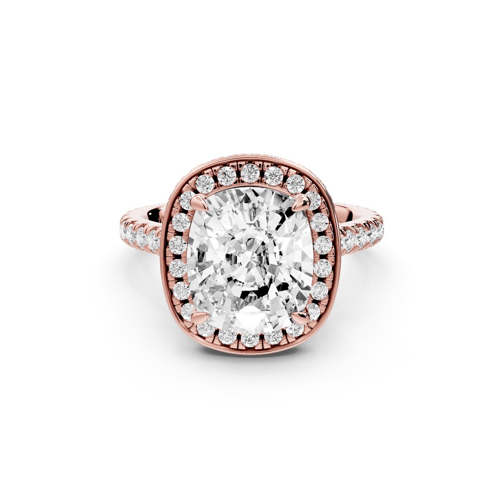 Beatrice - 4ct 14k rose gold ecushion stone in rollover halo with diamond bridge and pavé engagement ring - Mr. Alex Jewelry