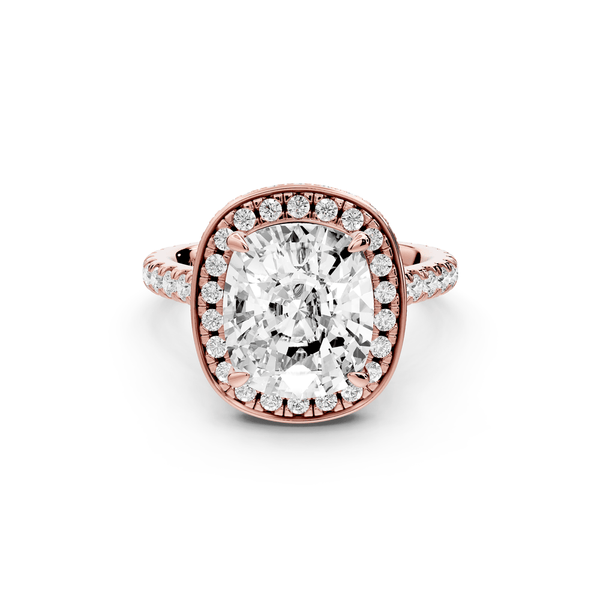 Beatrice - 4ct 14k rose gold ecushion stone in rollover halo with diamond bridge and pavé engagement ring - Mr. Alex Jewelry