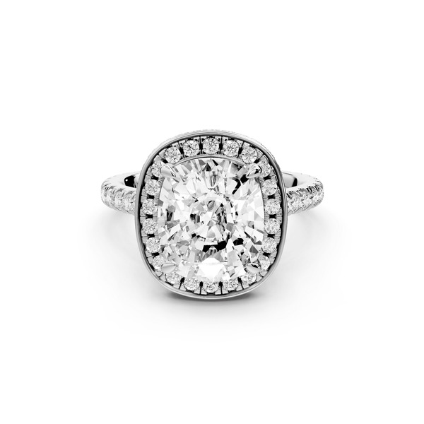 Beatrice - 4ct 14k white gold ecushion stone in rollover halo with diamond bridge and pavé engagement ring - Mr. Alex Jewelry