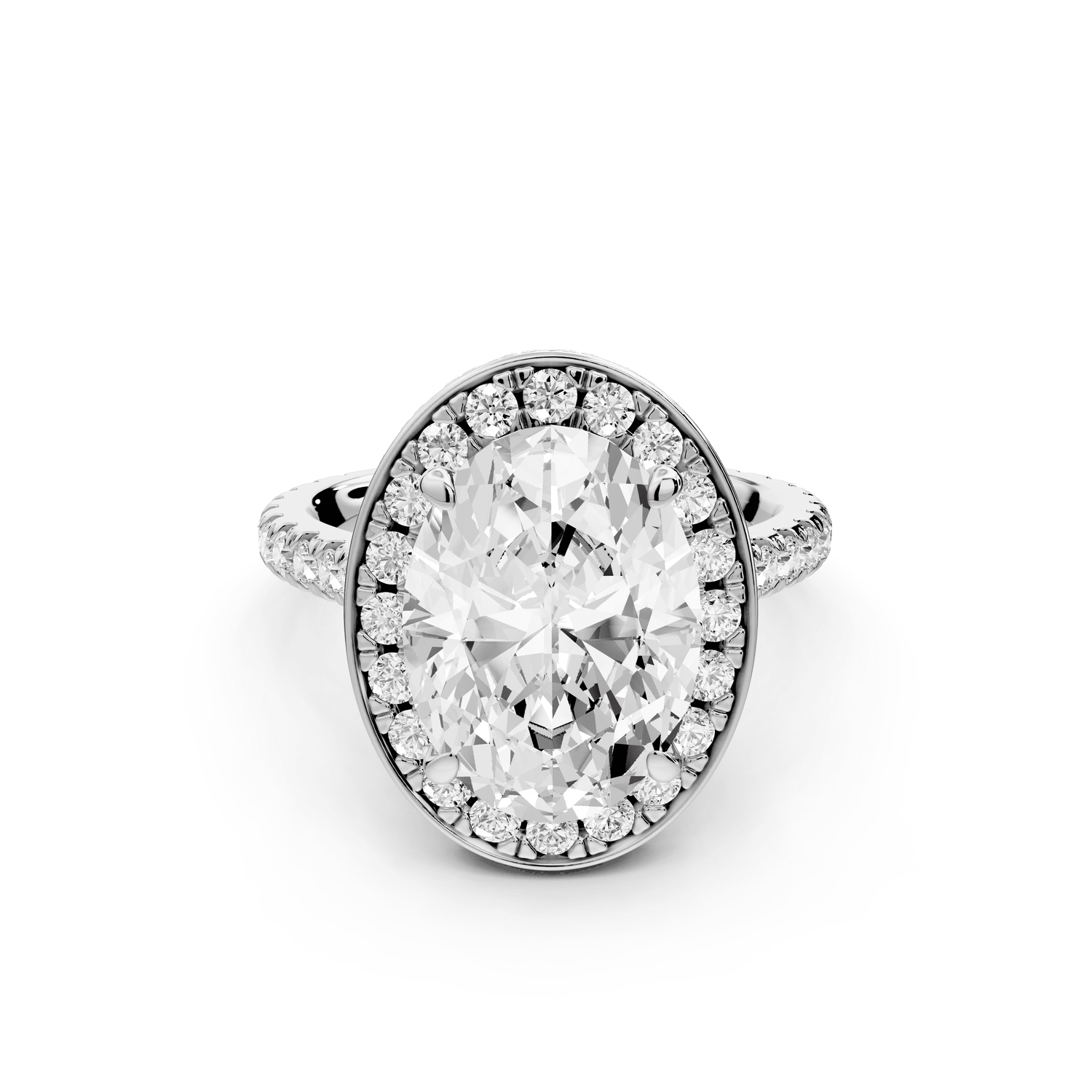 Beatrice - 4ct 14k white gold oval stone in rollover halo with diamond bridge and pavé engagement ring - Mr. Alex Jewelry