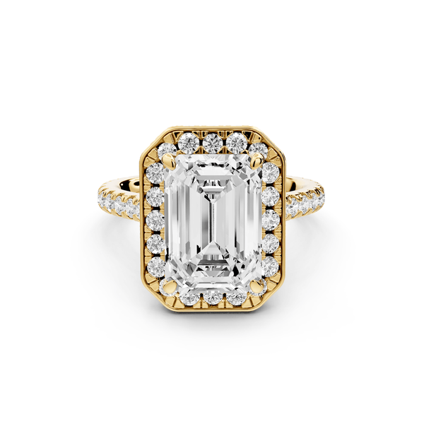 Beatrice - 4ct 14k yellow gold emerald stone in rollover halo with diamond bridge and pavé engagement ring - Mr. Alex Jewelry