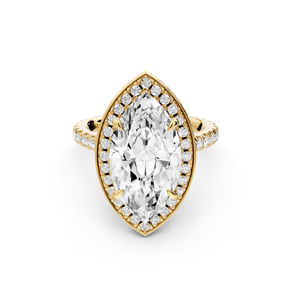 Beatrice - 4ct 14k yellow gold marquise stone in rollover halo with diamond bridge and pavé engagement ring - Mr. Alex Jewelry