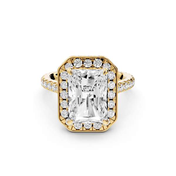 Beatrice - 4ct 14k yellow gold radiant stone in rollover halo with diamond bridge and pavé engagement ring - Mr. Alex Jewelry