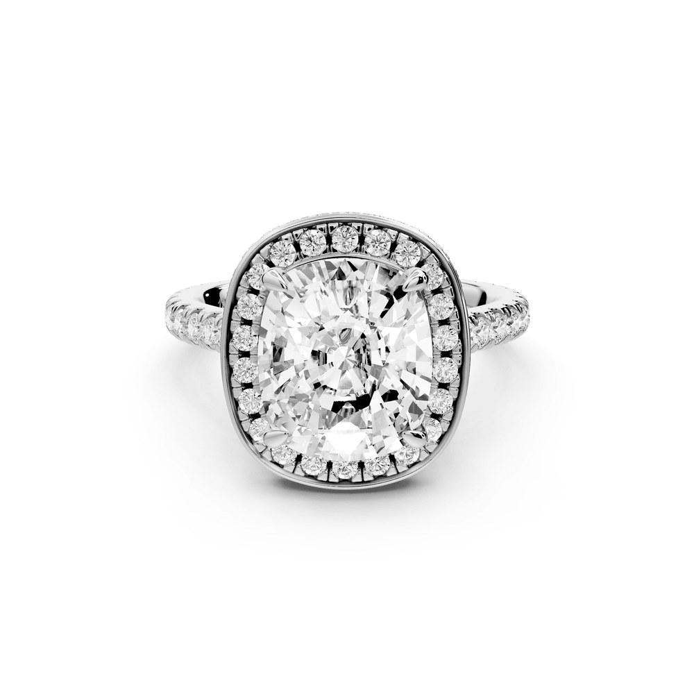 Beatrice - 4ct 18k white gold ecushion stone in rollover halo with diamond bridge and pavé engagement ring - Mr. Alex Jewelry