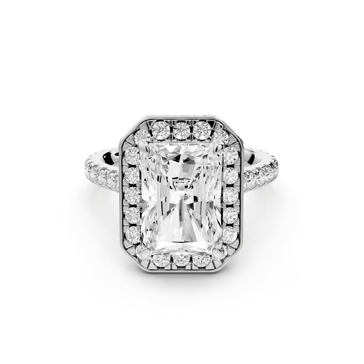 Beatrice - 4ct 18k white gold radiant stone in rollover halo with diamond bridge and pavé engagement ring - Mr. Alex Jewelry
