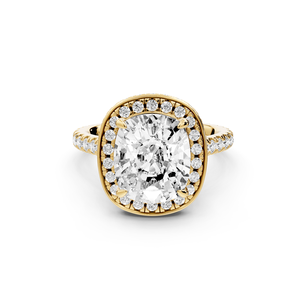 Beatrice - 4ct 18k yellow gold ecushion stone in rollover halo with diamond bridge and pavé engagement ring - Mr. Alex Jewelry