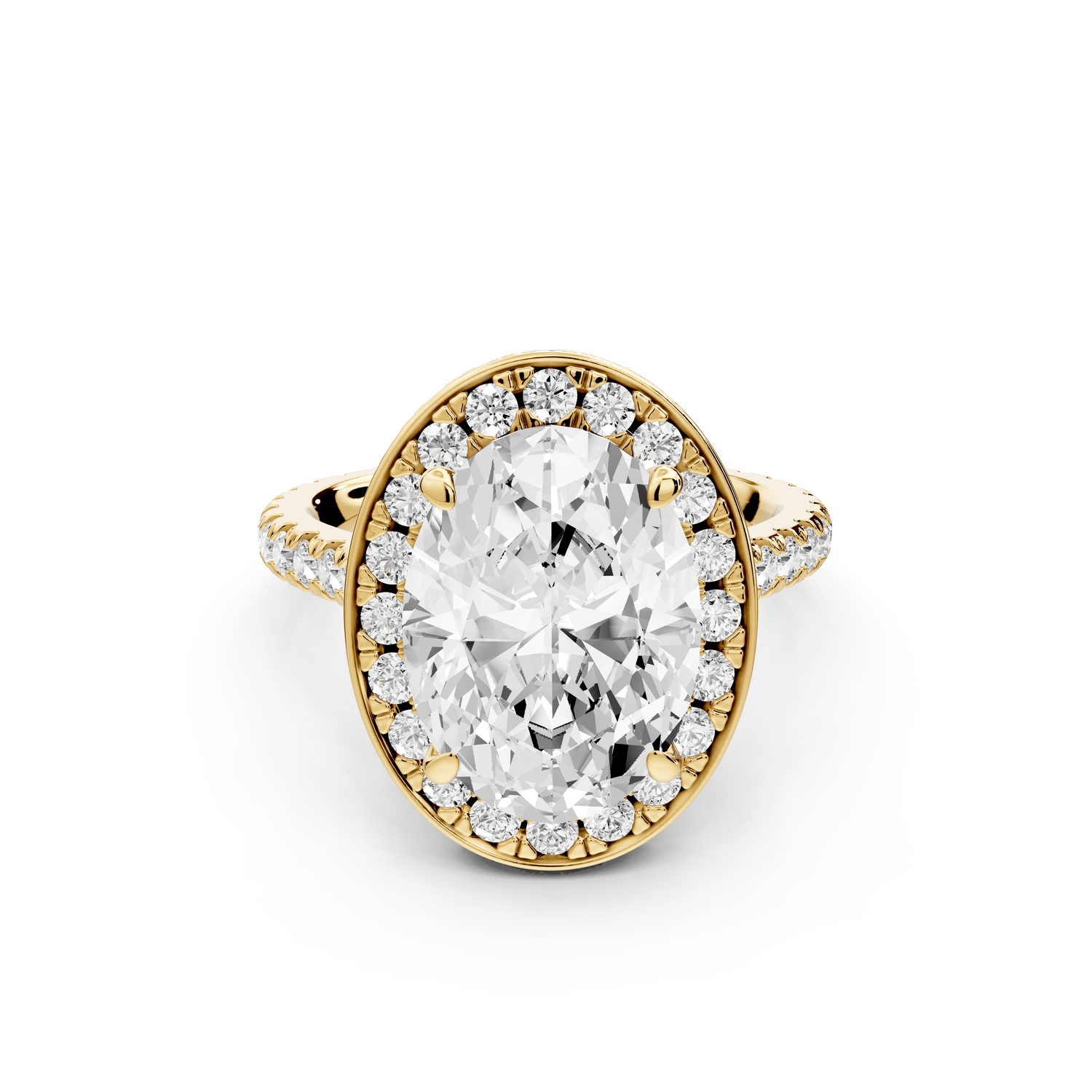 Beatrice - 4ct 18k yellow gold oval stone in rollover halo with diamond bridge and pavé engagement ring - Mr. Alex Jewelry