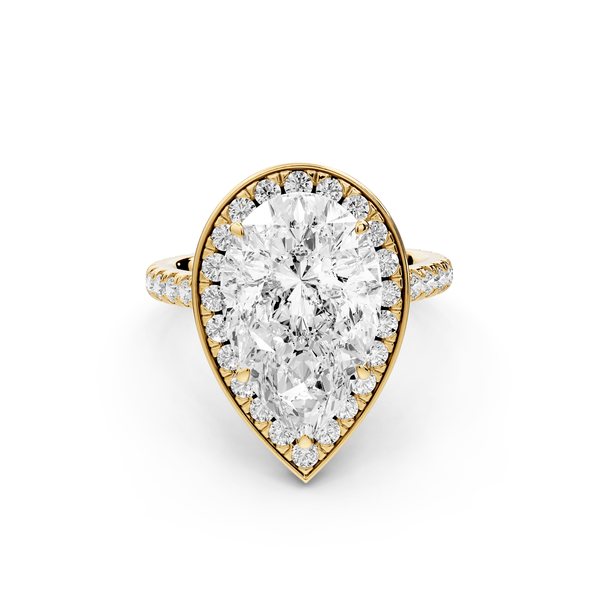 Beatrice - 4ct 18k yellow gold pear stone in rollover halo with diamond bridge and pavé engagement ring - Mr. Alex Jewelry