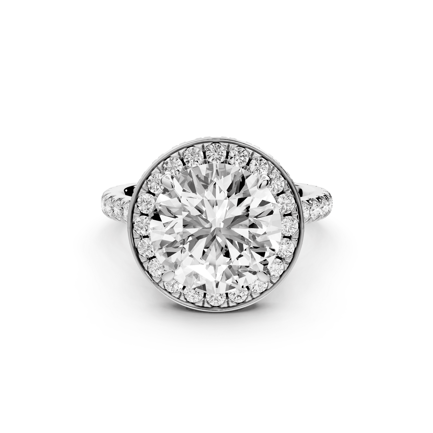 Beatrice - 4ct platinum round stone in rollover halo with diamond bridge and pavé engagement ring - Mr. Alex Jewelry
