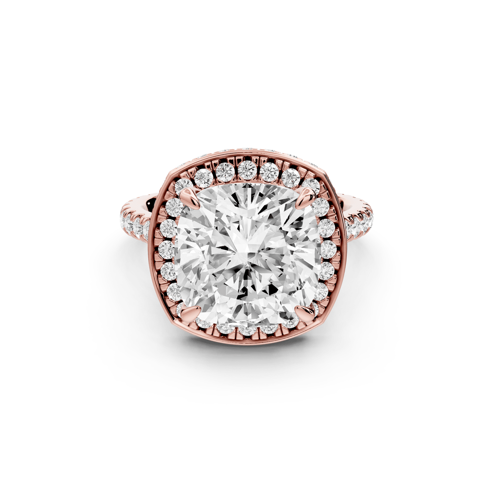 Beatrice - 5ct 14k rose gold cushion stone in rollover halo with diamond bridge and pavé engagement ring - Mr. Alex Jewelry