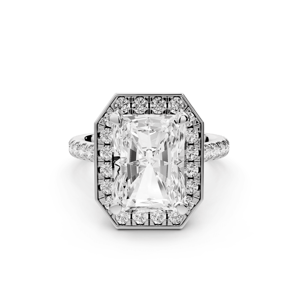 Beatrice - 5ct 14k white gold radiant stone in rollover halo with diamond bridge and pavé engagement ring - Mr. Alex Jewelry