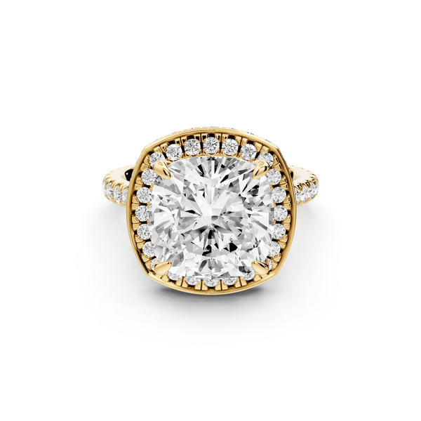 Beatrice - 5ct 14k yellow gold cushion stone in rollover halo with diamond bridge and pavé engagement ring - Mr. Alex Jewelry