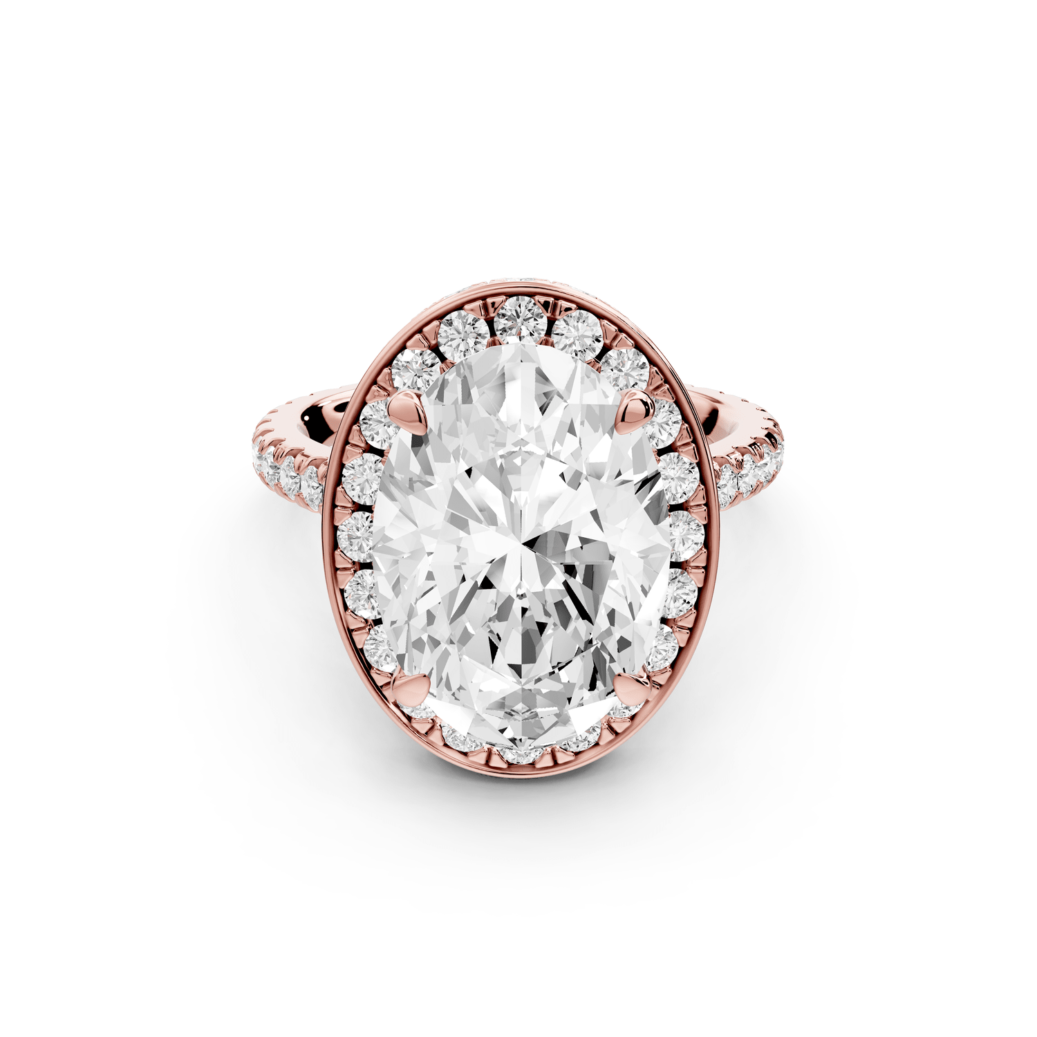 Beatrice - 5ct 18k rose gold oval stone in rollover halo with diamond bridge and pavé engagement ring - Mr. Alex Jewelry