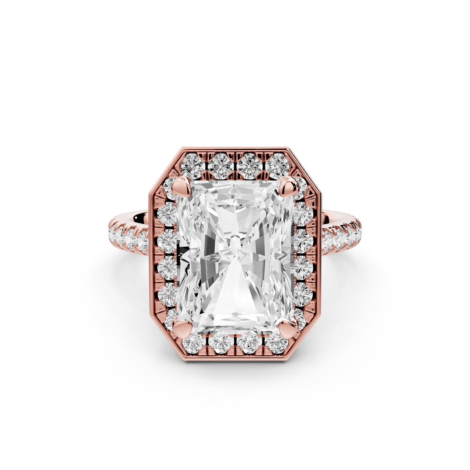 Beatrice - 5ct 18k rose gold radiant stone in rollover halo with diamond bridge and pavé engagement ring - Mr. Alex Jewelry