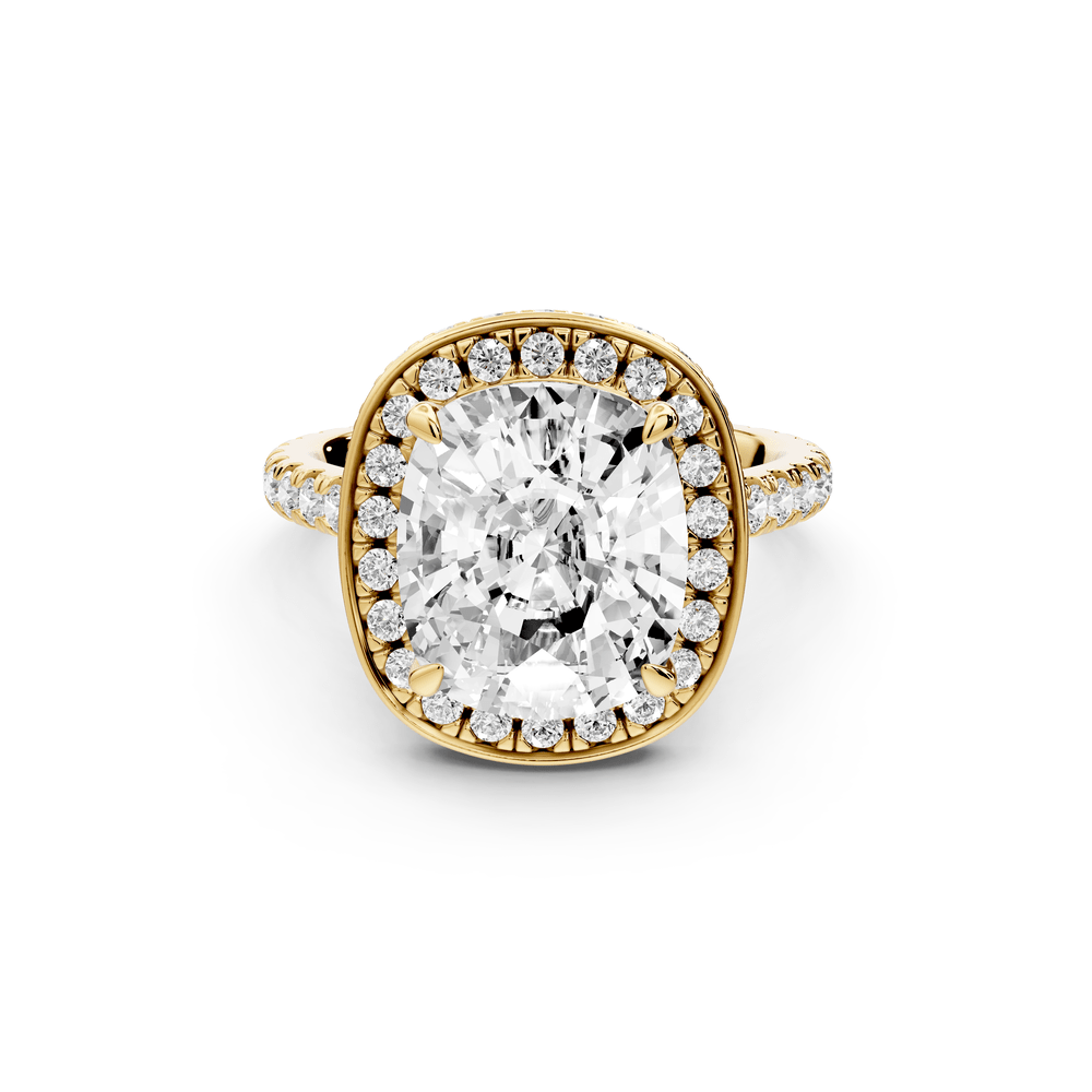 Beatrice - 5ct 18k yellow gold ecushion stone in rollover halo with diamond bridge and pavé engagement ring - Mr. Alex Jewelry