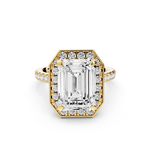 Beatrice - 5ct 18k yellow gold emerald stone in rollover halo with diamond bridge and pavé engagement ring - Mr. Alex Jewelry