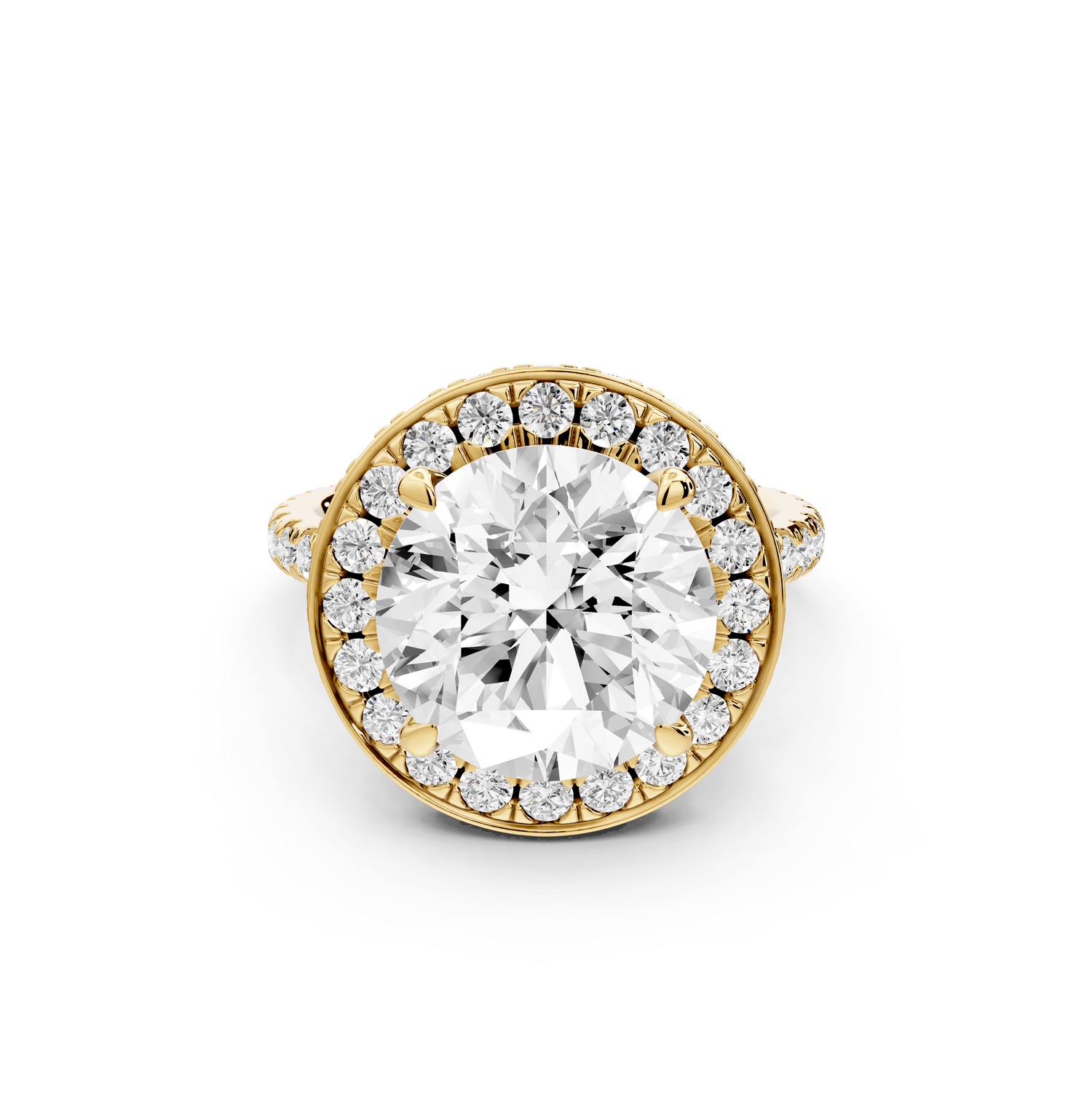 Beatrice - 5ct 18k yellow gold round stone in rollover halo with diamond bridge and pavé engagement ring - Mr. Alex Jewelry