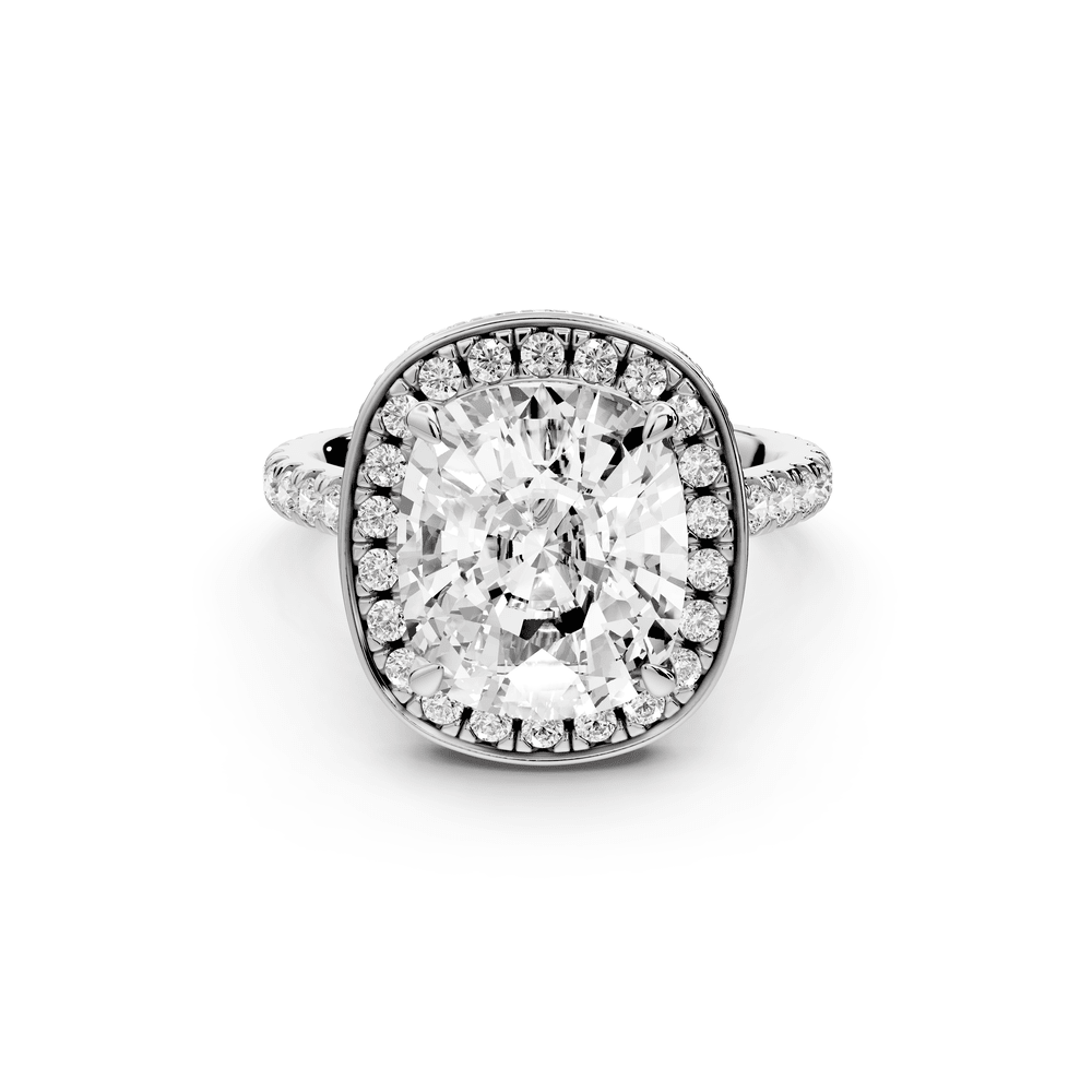 Beatrice - 5ct platinum ecushion stone in rollover halo with diamond bridge and pavé engagement ring - Mr. Alex Jewelry