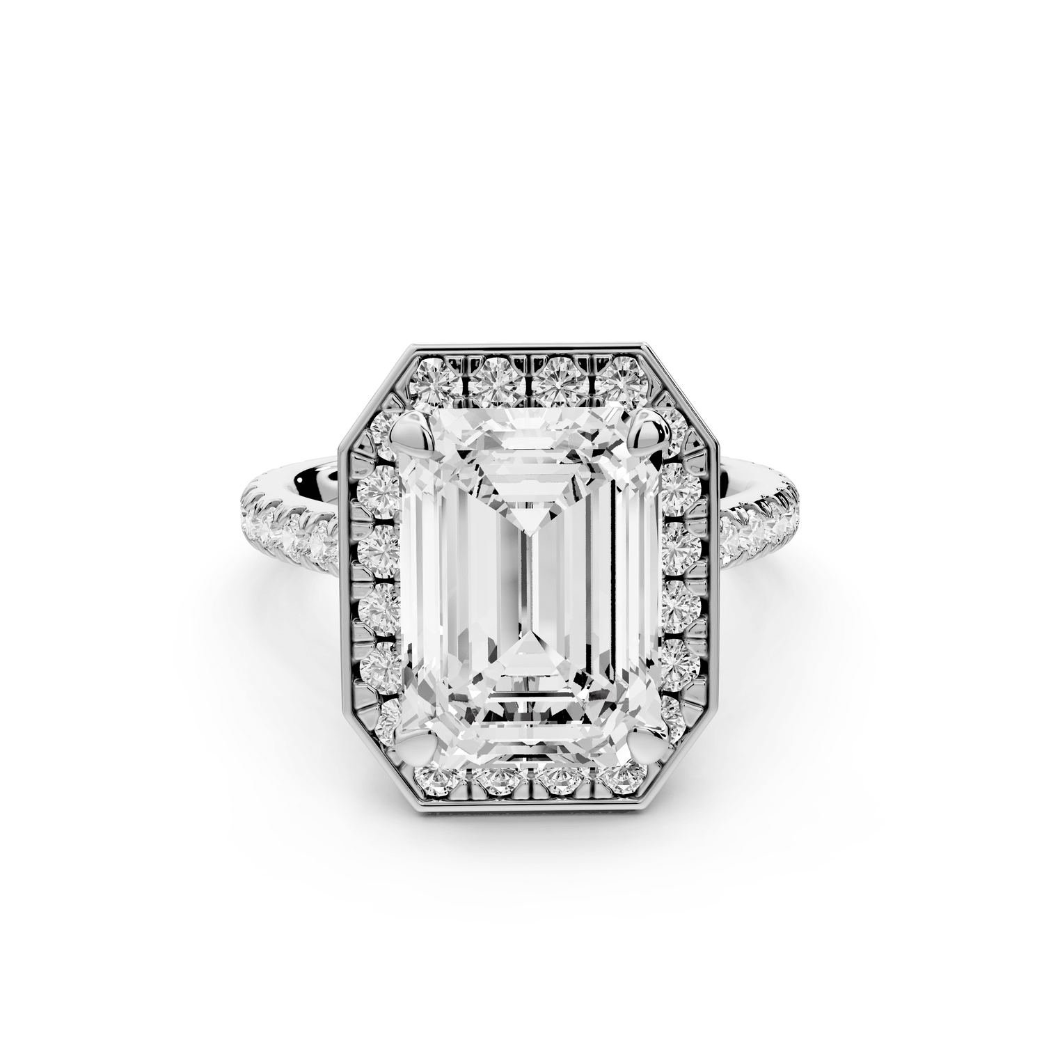 Beatrice - 5ct platinum emerald stone in rollover halo with diamond bridge and pavé engagement ring - Mr. Alex Jewelry