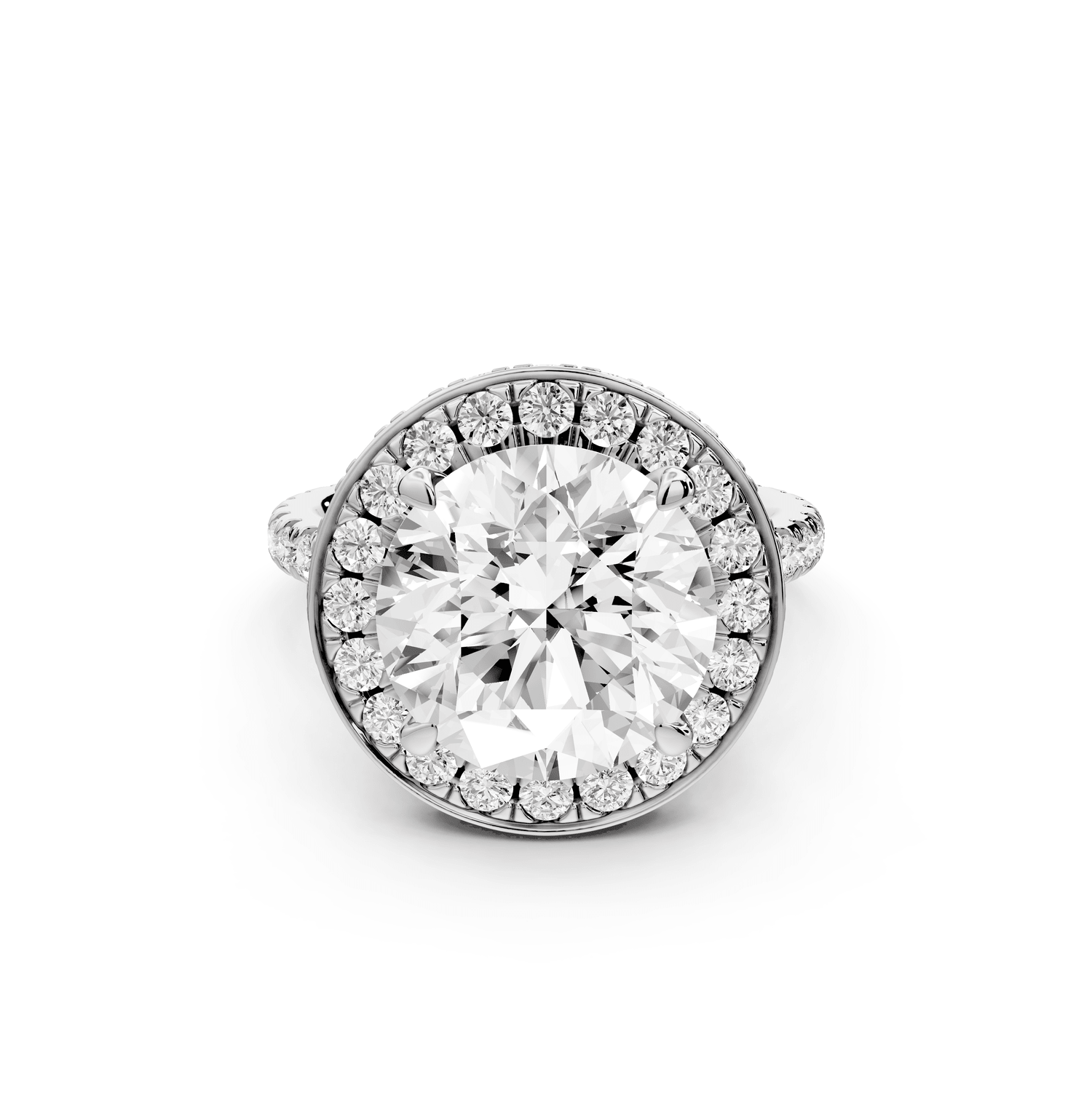 Beatrice - 5ct platinum round stone in rollover halo with diamond bridge and pavé engagement ring - Mr. Alex Jewelry