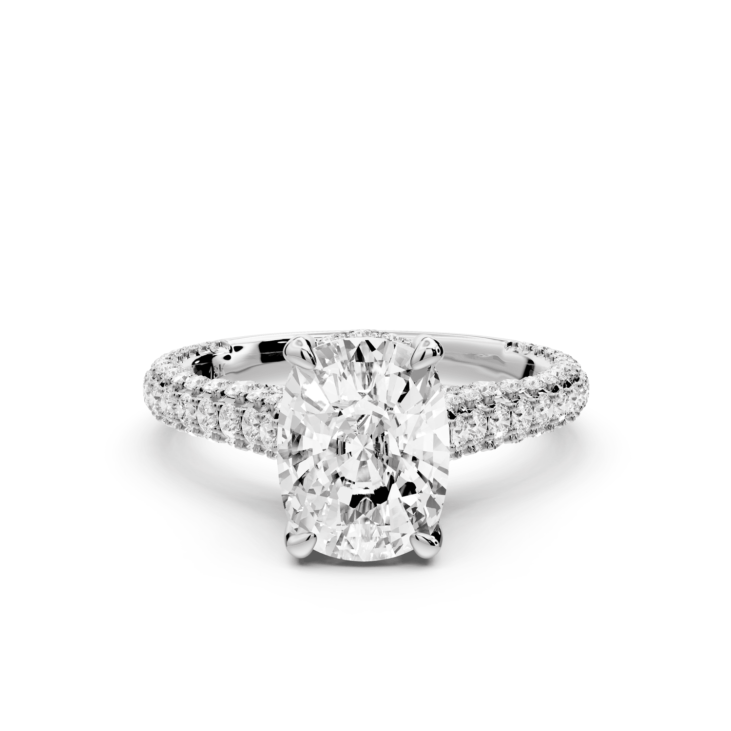 Bianca - 2ct 14k white gold ecushion Diamond hidden halo with a diamond crown and bridge rollover pave cathedral engagement ring - Mr. Alex Jewelry