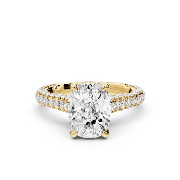 Bianca - 2ct 14k yellow gold ecushion Diamond hidden halo with a diamond crown and bridge rollover pave cathedral engagement ring - Mr. Alex Jewelry