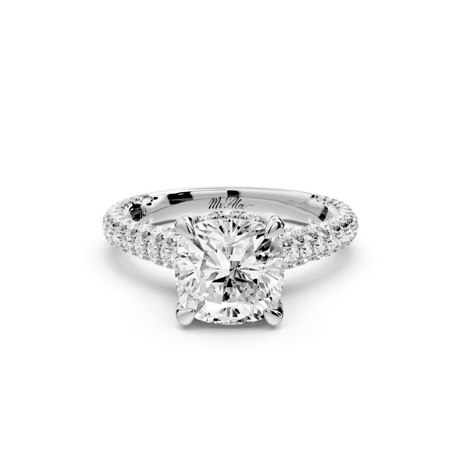 Bianca - 2ct 18k white gold cushion Diamond hidden halo with a diamond crown and bridge rollover pave cathedral engagement ring - Mr. Alex Jewelry
