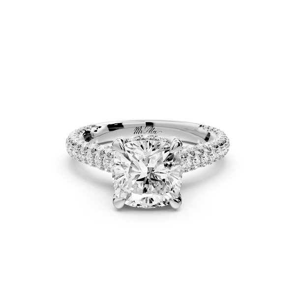 Bianca - 2ct platinum cushion Diamond hidden halo with a diamond crown and bridge rollover pave cathedral engagement ring - Mr. Alex Jewelry