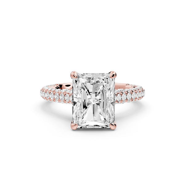 Bianca - 3ct 14k rose gold radiant Diamond hidden halo with a diamond crown and bridge rollover pave cathedral engagement ring - Mr. Alex Jewelry