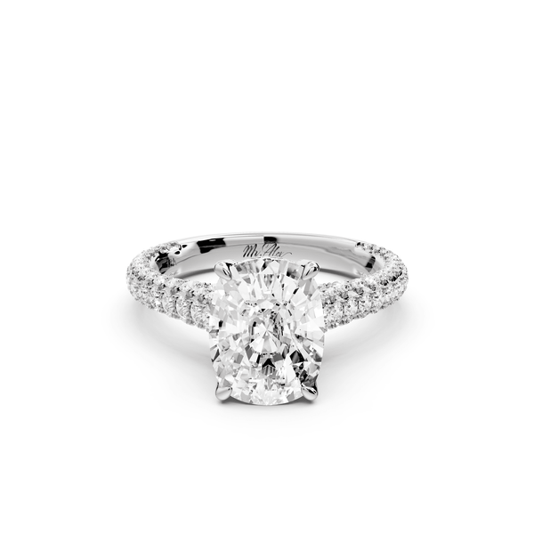 Bianca - 3ct 14k white gold ecushion Diamond hidden halo with a diamond crown and bridge rollover pave cathedral engagement ring - Mr. Alex Jewelry
