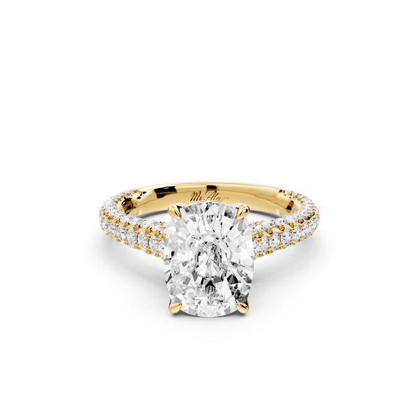 Bianca - 3ct 14k yellow gold ecushion Diamond hidden halo with a diamond crown and bridge rollover pave cathedral engagement ring - Mr. Alex Jewelry