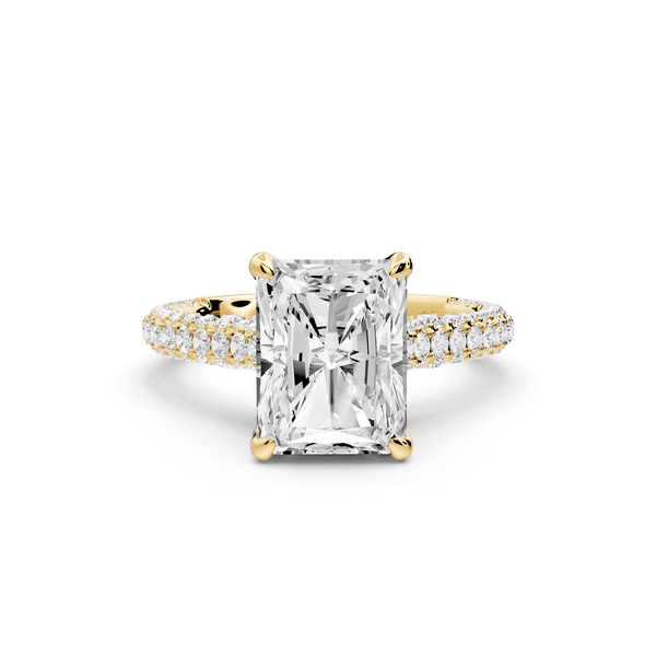 Bianca - 3ct 14k yellow gold radiant Diamond hidden halo with a diamond crown and bridge rollover pave cathedral engagement ring - Mr. Alex Jewelry