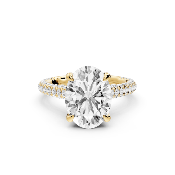 Bianca - 3ct 18k yellow gold oval Diamond hidden halo with a diamond crown and bridge rollover pave cathedral Engagement ring - Mr. Alex Jewelry