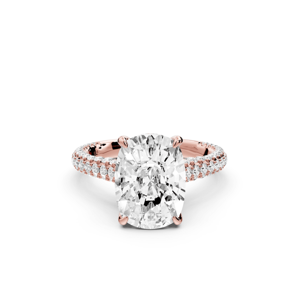 Bianca - 4ct 14k rose gold ecushion Diamond hidden halo with a diamond crown and bridge rollover pave cathedral engagement ring - Mr. Alex Jewelry