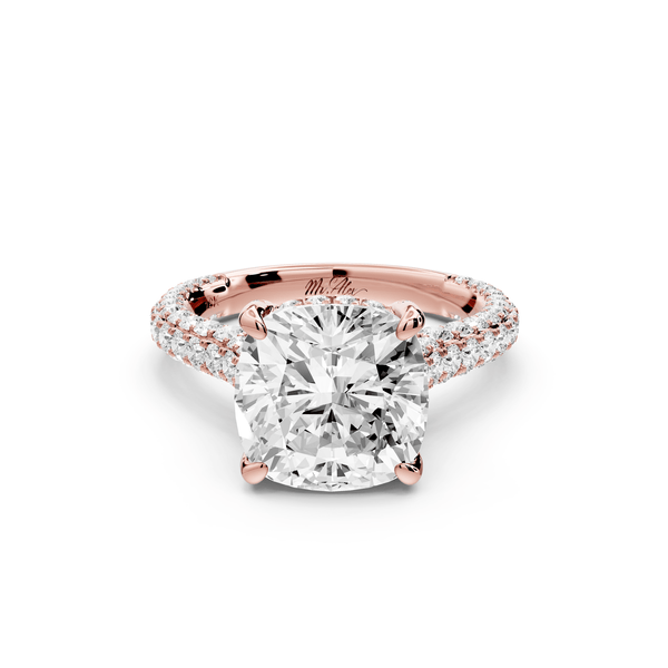 Bianca - 4ct 18k rose gold cushion Diamond hidden halo with a diamond crown and bridge rollover pave cathedral engagement ring - Mr. Alex Jewelry