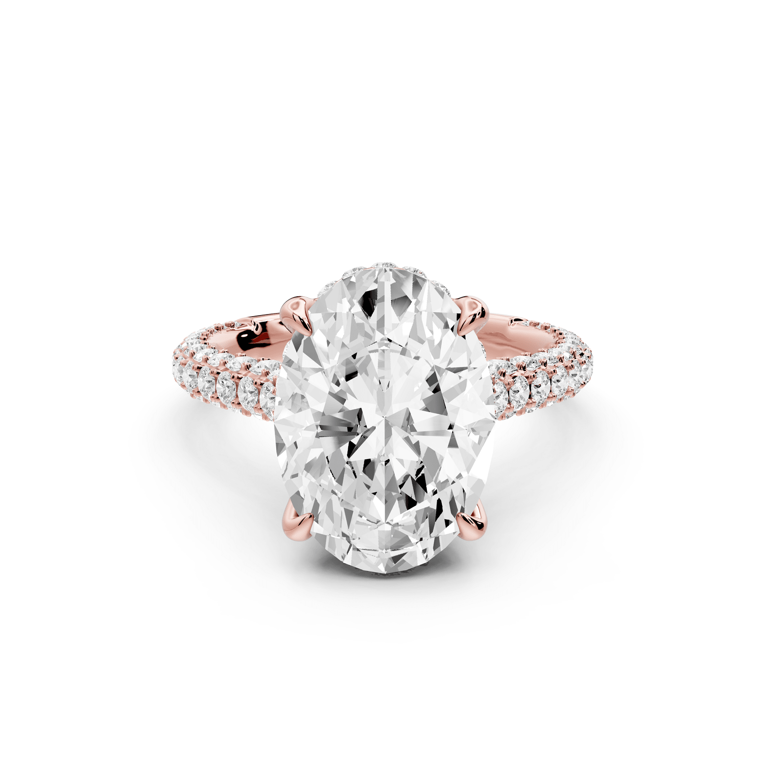 Bianca - 4ct 18k rose gold oval Diamond hidden halo with a diamond crown and bridge rollover pave cathedral Engagement ring - Mr. Alex Jewelry
